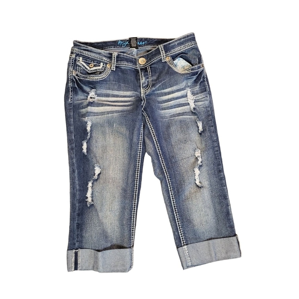 Ariya Jeans Women 7/8 Distressed Cuffed Capri Denim Flap Pocket Y2K Thick Stitch